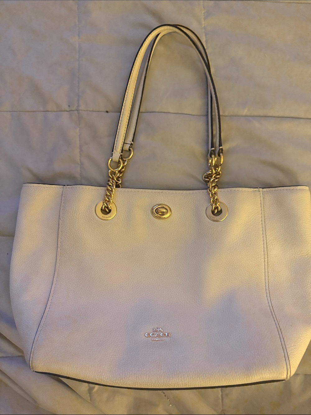Coach Cream Pebbled Leather Tote with Gold Chain Accents